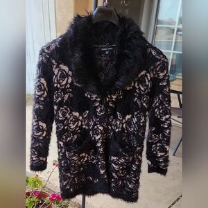 Black Rivet Whimsigoth Faux Fur Lace Shaggy Boho Glam Black Sweater Size M